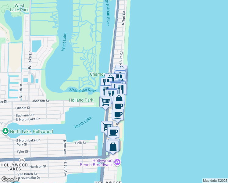 map of restaurants, bars, coffee shops, grocery stores, and more near 334 Grant Street in Hollywood