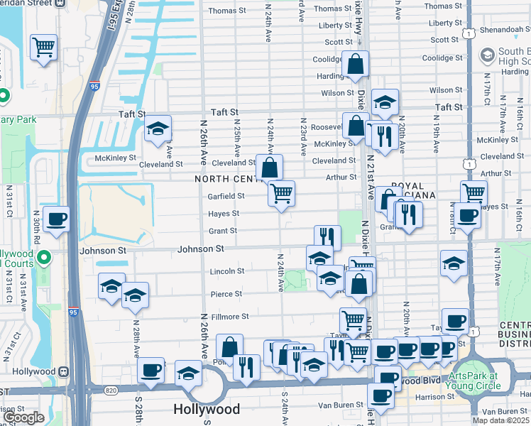 map of restaurants, bars, coffee shops, grocery stores, and more near 2418 Hayes Street in Hollywood