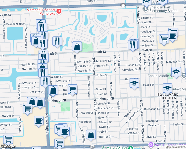 map of restaurants, bars, coffee shops, grocery stores, and more near 7631 Northwest 13th Street in Pembroke Pines