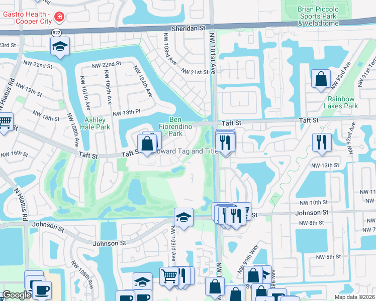 map of restaurants, bars, coffee shops, grocery stores, and more near 1470 Fairway Road in Pembroke Pines