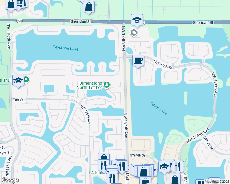 map of restaurants, bars, coffee shops, grocery stores, and more near 18433 Northwest 20th Street in Pembroke Pines