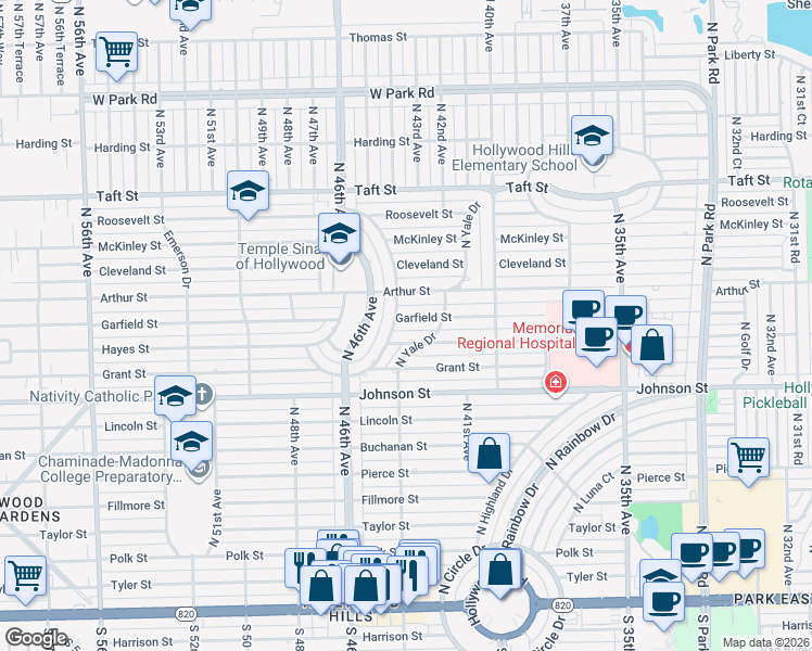 map of restaurants, bars, coffee shops, grocery stores, and more near 4306 Garfield Street in Hollywood