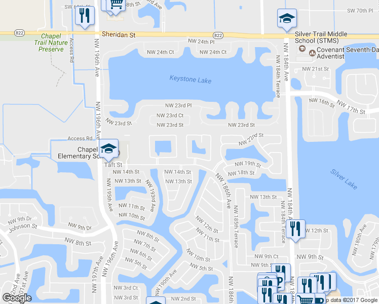 map of restaurants, bars, coffee shops, grocery stores, and more near 1961 Northwest 190th Avenue in Pembroke Pines