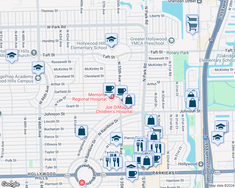 map of restaurants, bars, coffee shops, grocery stores, and more near 1150 North 35th Avenue in Hollywood