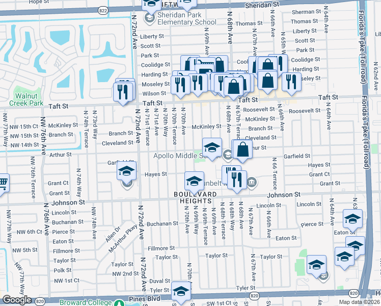 map of restaurants, bars, coffee shops, grocery stores, and more near 1230 North 69th Way in Hollywood