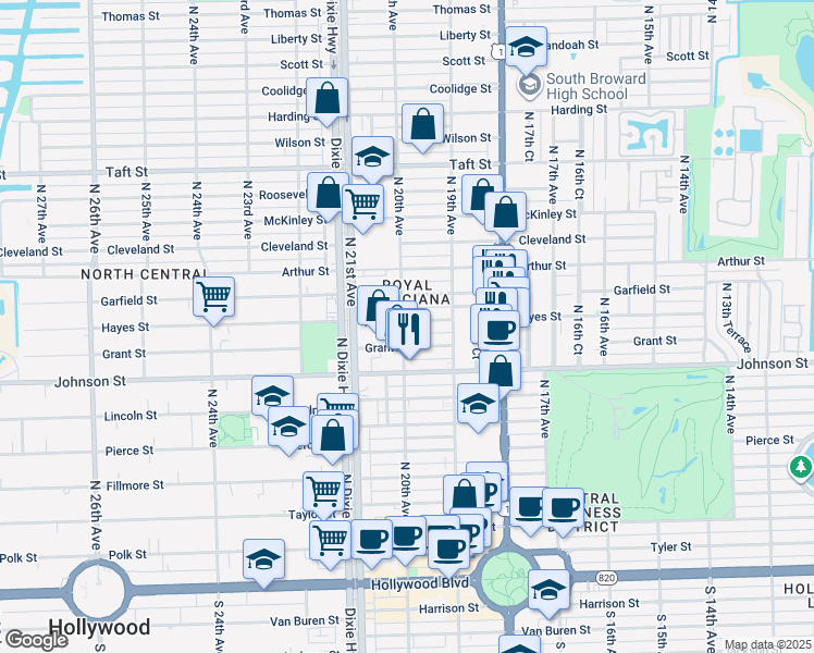 map of restaurants, bars, coffee shops, grocery stores, and more near 1940 Hayes Street in Hollywood