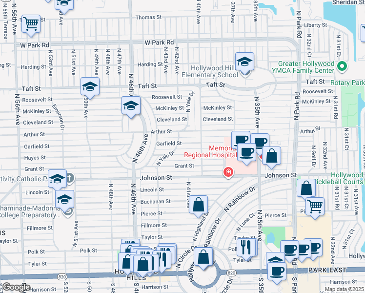 map of restaurants, bars, coffee shops, grocery stores, and more near 4112 Garfield Street in Hollywood