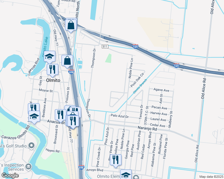 map of restaurants, bars, coffee shops, grocery stores, and more near 7332 Burr Oak Loop in Brownsville