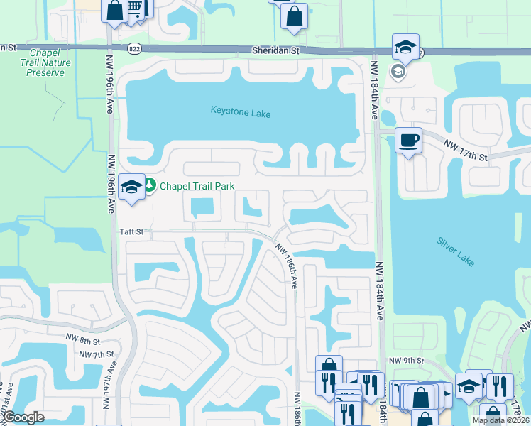 map of restaurants, bars, coffee shops, grocery stores, and more near 1980 Northwest 188th Avenue in Pembroke Pines