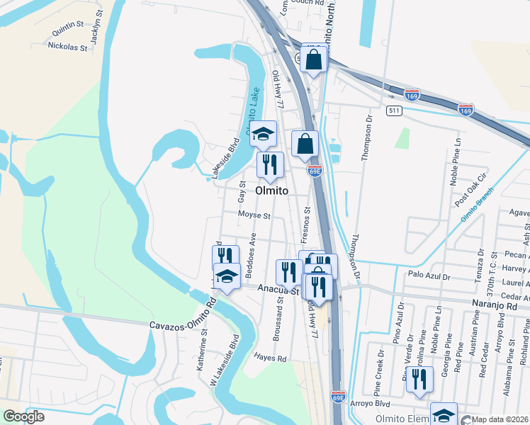 map of restaurants, bars, coffee shops, grocery stores, and more near 9263 Moyse Street in Los Fresnos