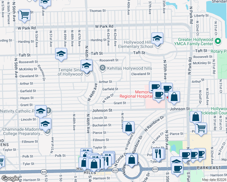 map of restaurants, bars, coffee shops, grocery stores, and more near 1124 Yale Dr in Hollywood