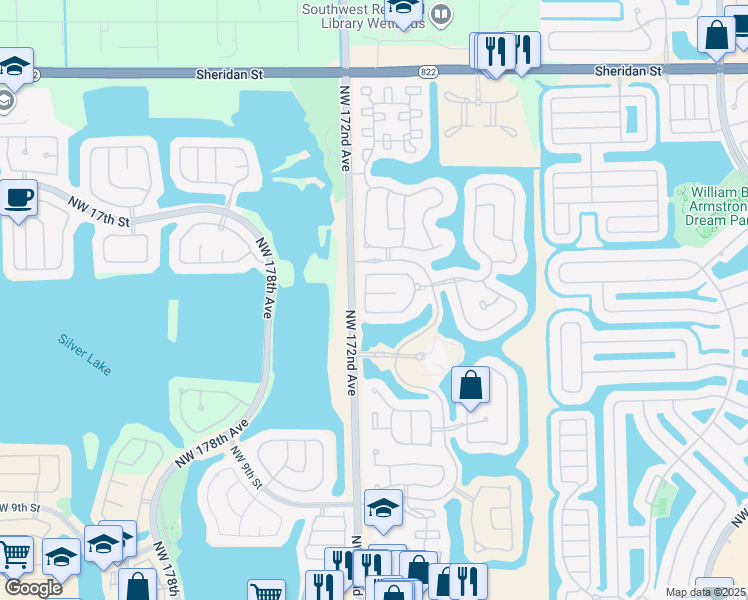 map of restaurants, bars, coffee shops, grocery stores, and more near 17092 Northwest 16th Street in Pembroke Pines