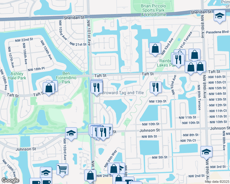 map of restaurants, bars, coffee shops, grocery stores, and more near 1531 Northwest 98th Avenue in Pembroke Pines