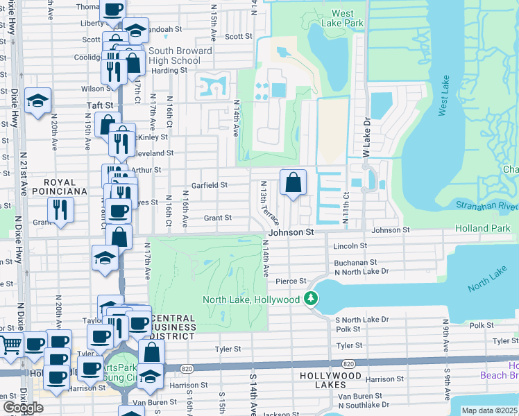 map of restaurants, bars, coffee shops, grocery stores, and more near 1012 North 13th Terrace in Hollywood