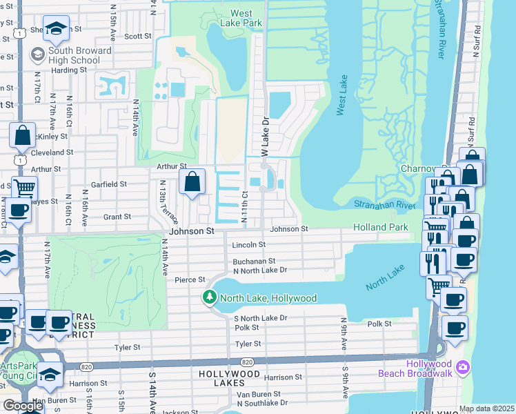 map of restaurants, bars, coffee shops, grocery stores, and more near 1105 Satinleaf Street in Hollywood