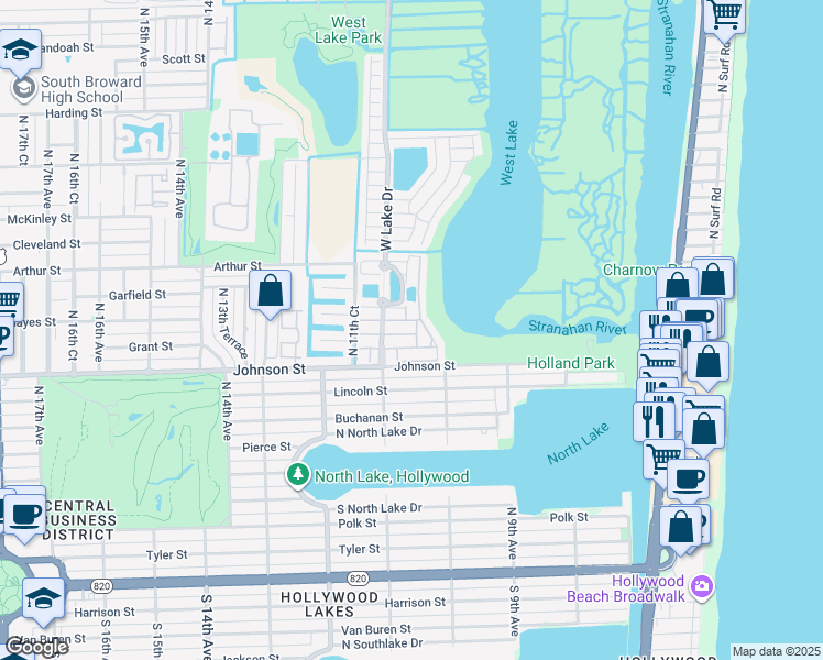 map of restaurants, bars, coffee shops, grocery stores, and more near 1041 Satinleaf Street in Hollywood