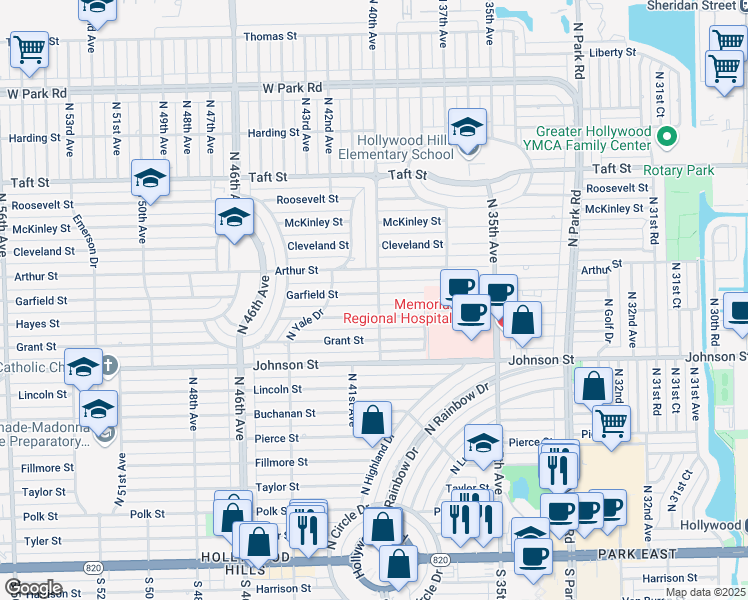 map of restaurants, bars, coffee shops, grocery stores, and more near 1124 North 40th Avenue in Hollywood