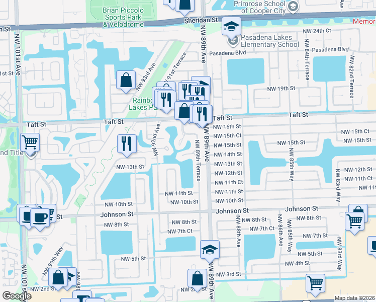 map of restaurants, bars, coffee shops, grocery stores, and more near 8945 Palm Tree Lane in Pembroke Pines
