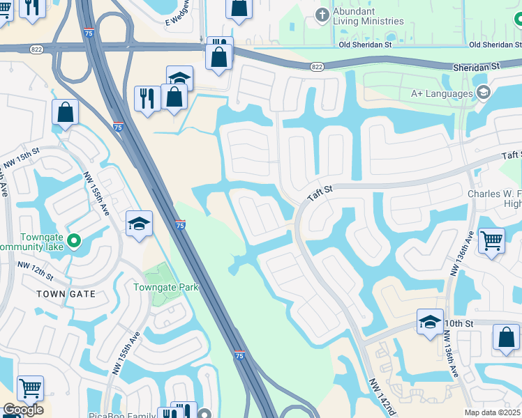 map of restaurants, bars, coffee shops, grocery stores, and more near 1657 Northwest 143rd Way in Pembroke Pines