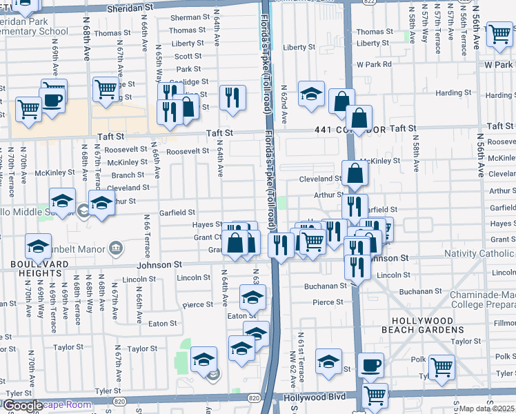 map of restaurants, bars, coffee shops, grocery stores, and more near 1203 North 63rd Avenue in Hollywood