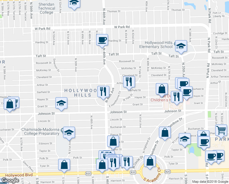 map of restaurants, bars, coffee shops, grocery stores, and more near 1115 North 46th Avenue in Hollywood