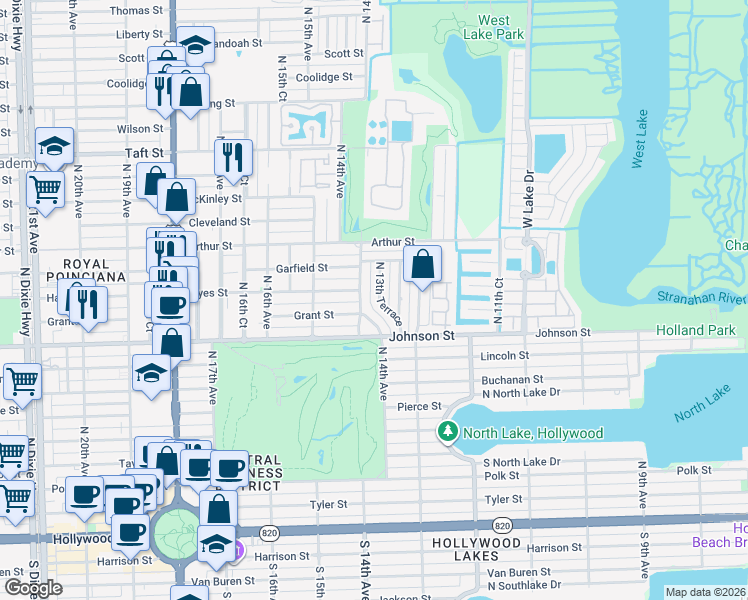 map of restaurants, bars, coffee shops, grocery stores, and more near 1012 North 13th Terrace in Hollywood