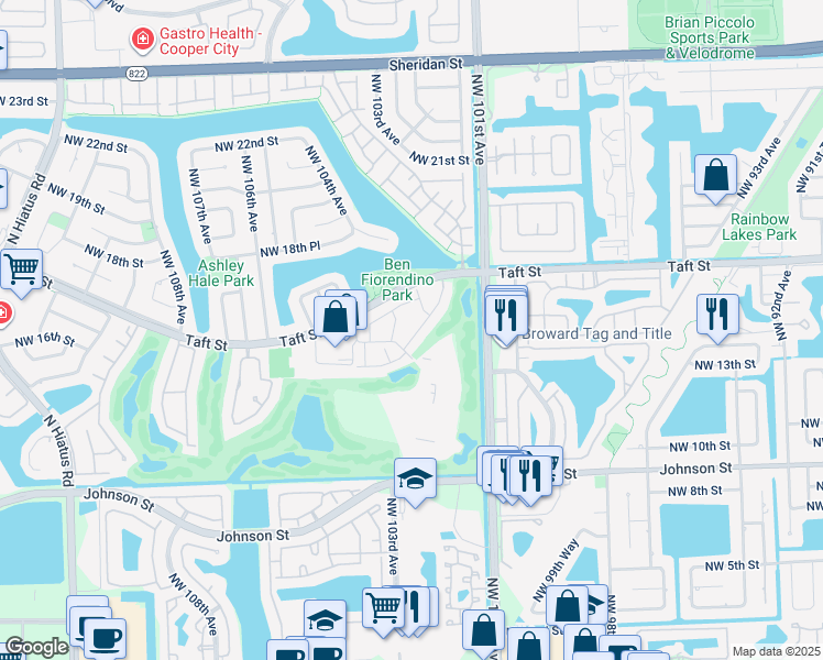 map of restaurants, bars, coffee shops, grocery stores, and more near 1470 Fairway Road in Pembroke Pines
