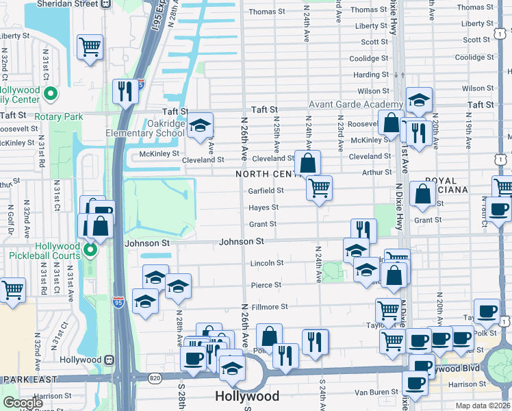 map of restaurants, bars, coffee shops, grocery stores, and more near 2525 Hayes Street in Hollywood