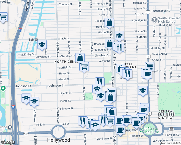 map of restaurants, bars, coffee shops, grocery stores, and more near 2322 Hayes Street in Hollywood