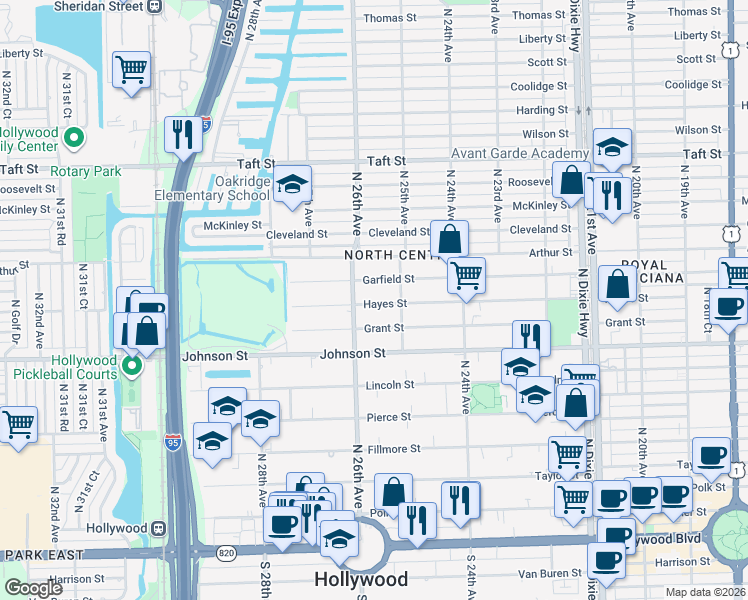 map of restaurants, bars, coffee shops, grocery stores, and more near 2525 Hayes Street in Hollywood