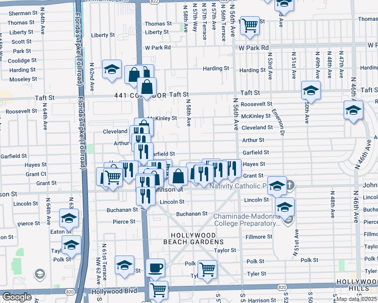 map of restaurants, bars, coffee shops, grocery stores, and more near 5745 Garfield Street in Hollywood
