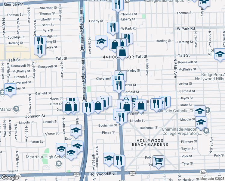 map of restaurants, bars, coffee shops, grocery stores, and more near 6045 Garfield Street in Hollywood
