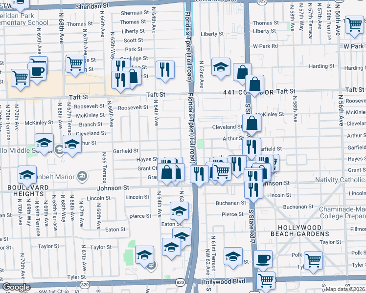 map of restaurants, bars, coffee shops, grocery stores, and more near 1203 North 63rd Avenue in Hollywood