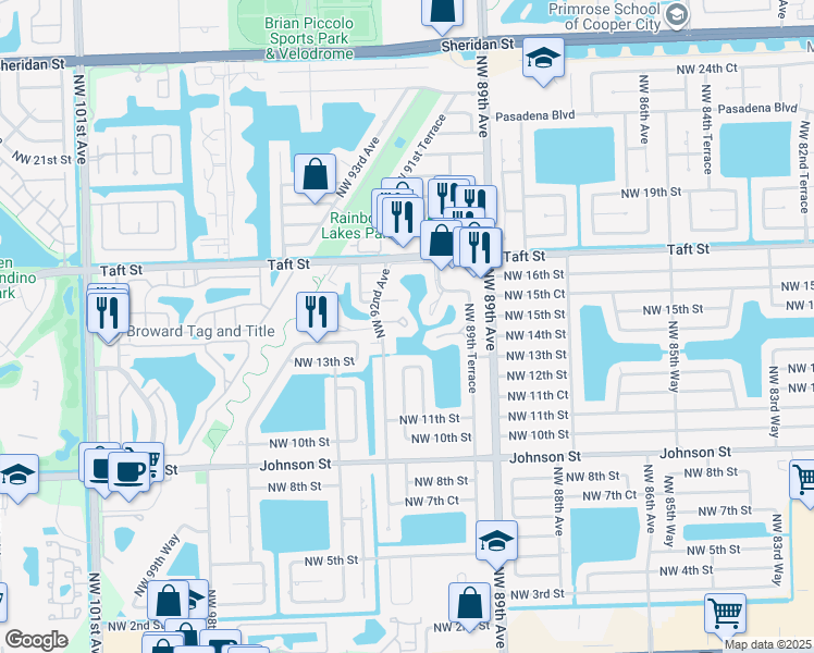 map of restaurants, bars, coffee shops, grocery stores, and more near 551 Lime Tree Lane in Pembroke Pines