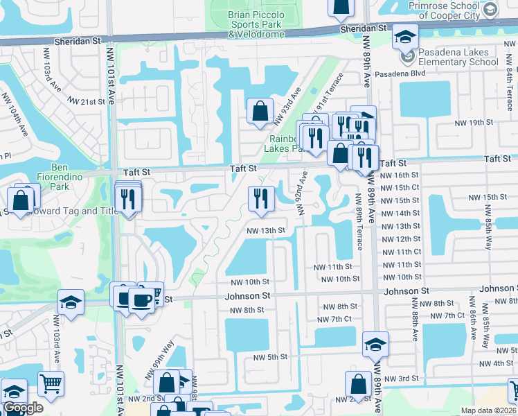 map of restaurants, bars, coffee shops, grocery stores, and more near 9461 Northwest 14th Court in Pembroke Pines