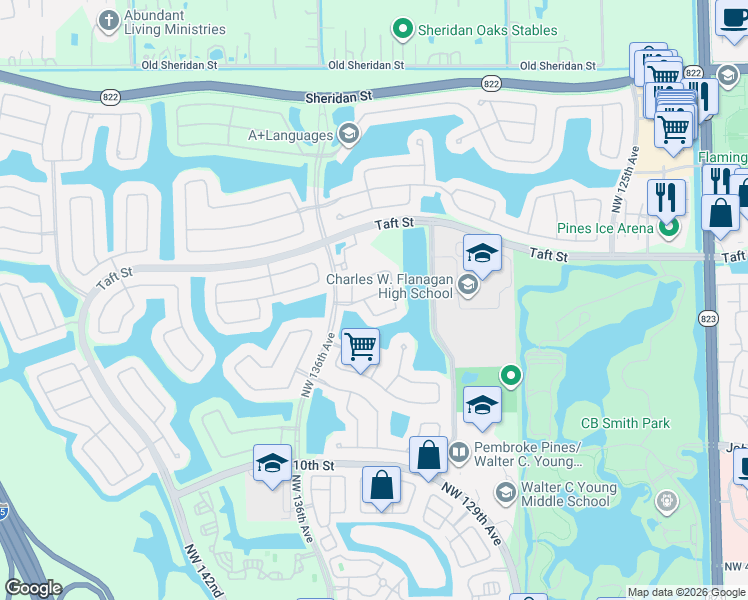 map of restaurants, bars, coffee shops, grocery stores, and more near 13254 Northwest 15th Court in Pembroke Pines