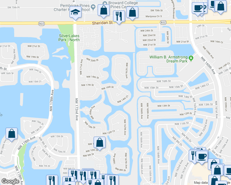 map of restaurants, bars, coffee shops, grocery stores, and more near 16759 Northwest 15th Street in Pembroke Pines