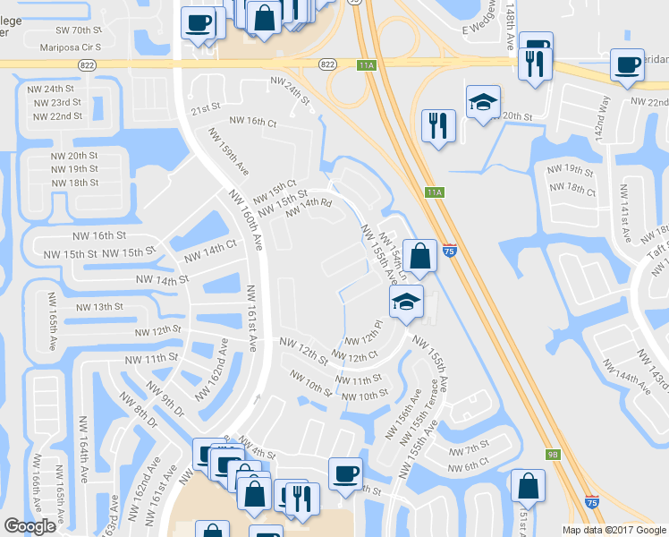 map of restaurants, bars, coffee shops, grocery stores, and more near 15677 Northwest 14th Street in Pembroke Pines