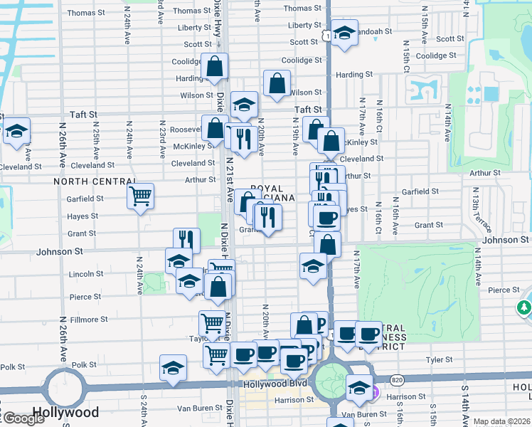 map of restaurants, bars, coffee shops, grocery stores, and more near 1940 Hayes Street in Hollywood