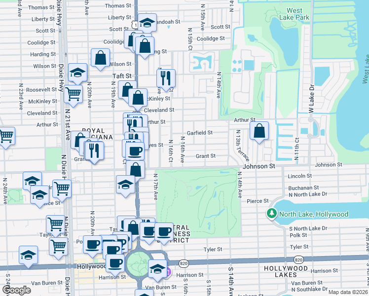 map of restaurants, bars, coffee shops, grocery stores, and more near 1031 North 16th Avenue in Hollywood
