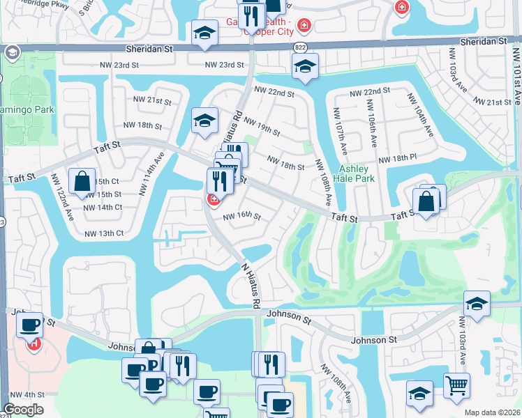 map of restaurants, bars, coffee shops, grocery stores, and more near 11001 Northwest 16th Street in Pembroke Pines
