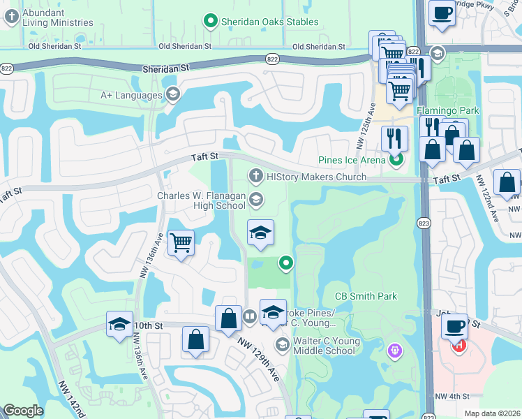 map of restaurants, bars, coffee shops, grocery stores, and more near 12800 Taft Street in Pembroke Pines