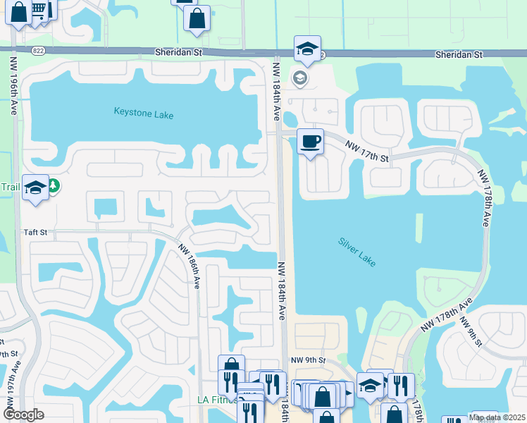 map of restaurants, bars, coffee shops, grocery stores, and more near 18433 Northwest 20th Street in Pembroke Pines