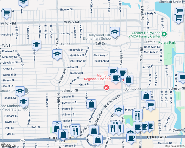 map of restaurants, bars, coffee shops, grocery stores, and more near 1124 North 40th Avenue in Hollywood