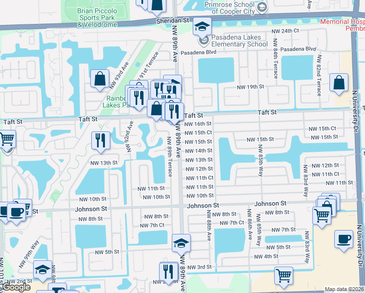 map of restaurants, bars, coffee shops, grocery stores, and more near 1411 Northwest 89th Avenue in Pembroke Pines