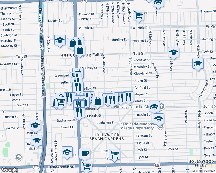 map of restaurants, bars, coffee shops, grocery stores, and more near 5745 Garfield Street in Hollywood