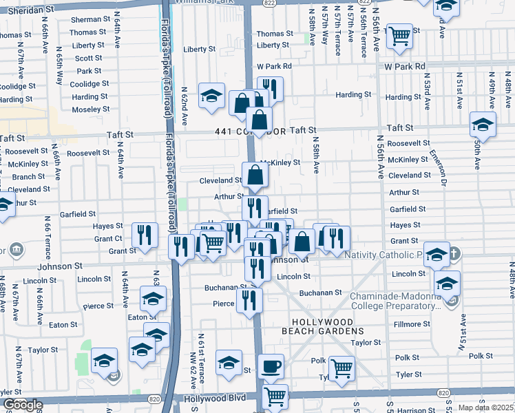 map of restaurants, bars, coffee shops, grocery stores, and more near 1201 Garfield Street in Hollywood