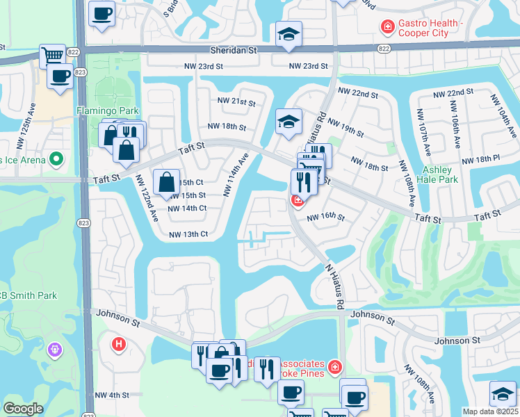 map of restaurants, bars, coffee shops, grocery stores, and more near 11300 Northwest 16th Street in Pembroke Pines