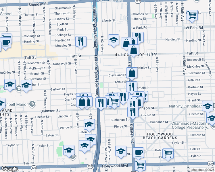 map of restaurants, bars, coffee shops, grocery stores, and more near 6129 Garfield Street in Hollywood