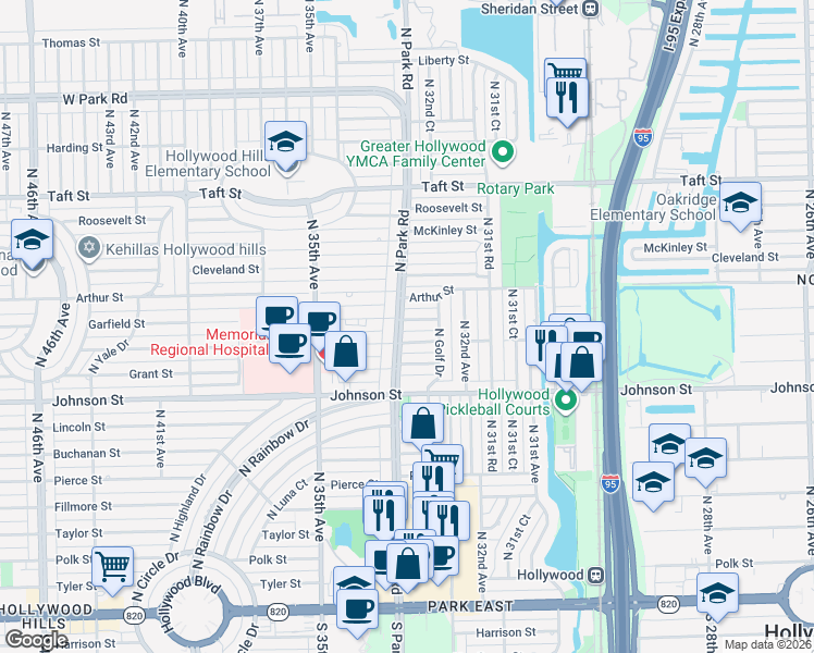 map of restaurants, bars, coffee shops, grocery stores, and more near 3245 Hayes Street in Hollywood